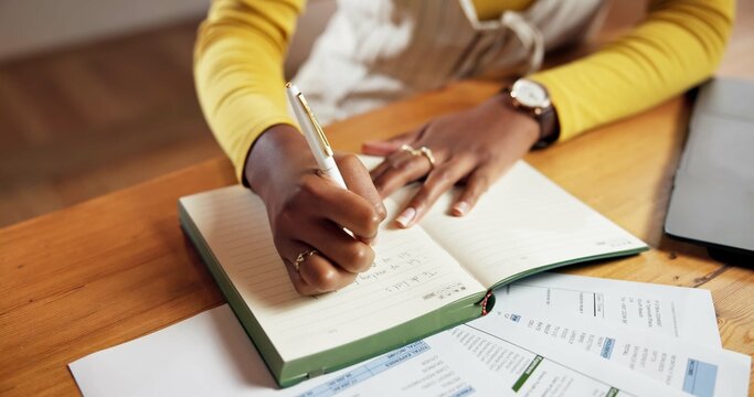 Woman, hands and writing in home with notebook for to do list, household bills and administration. Person, notes and planning in apartment with diary for monthly expenses, budget and task priority.