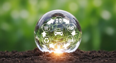 A clear bubble with recycling icons and a car in the center, symbolizing environmental sustainability and a circular economy, set against a blurred green background