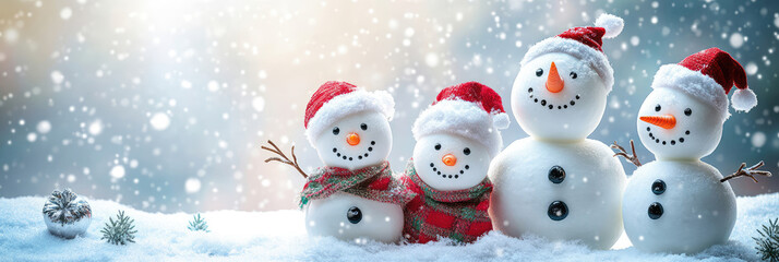 Adorable and happy snowman family on Christmas snowy background, get together and celebrating holiday seasons, with copy space, idea for greeting cards and posters.