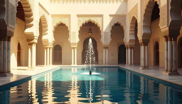 The Beauty of Islamic Architecture with a Peaceful Fountain in a Historic Courtyard