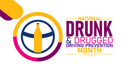 National Drunk and Drugged Driving Prevention Month Poster Banner and Background Abstract Design Template Featuring Car Steering Wheel and Warning Sign Illustration for Road Safety Awareness Education