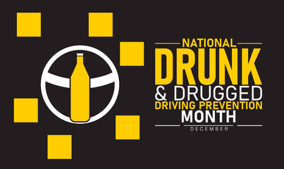 National Drunk and Drugged Driving Prevention Month Poster Banner and Background Abstract Design Template Featuring Car Steering Wheel and Warning Sign Illustration for Road Safety Awareness Education