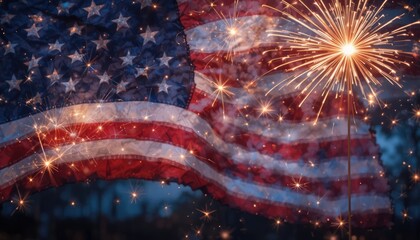 American flag and sparklers.  America's Independence Day.  Enjoy the Fourth of July, a patriotic holiday.