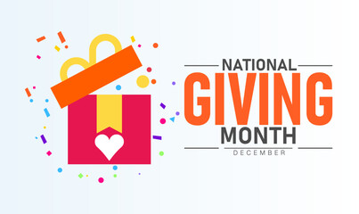 National Giving Month Poster Banner and Background Abstract Design Template Featuring Hands Holding Heart and Gift Illustration for Charity Donation Awareness Community Support and Philanthropy Campai