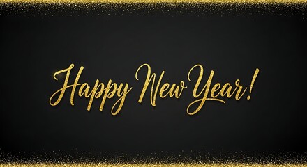 Elegant golden script text happy new year with a textured black background and sparkling gold borders creating a festive and celebratory atmosphere for holiday greetings and invitations