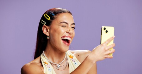 Beauty, selfie and wink with influencer woman in studio for product review on social media. App,...