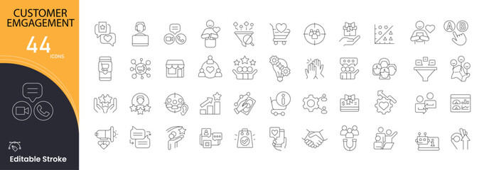 Customer Engagement icons set. Includes icons for communication, interaction, loyalty, feedback, support, marketing, relationship, touchpoints, satisfaction, and user activity. Editable stroke.