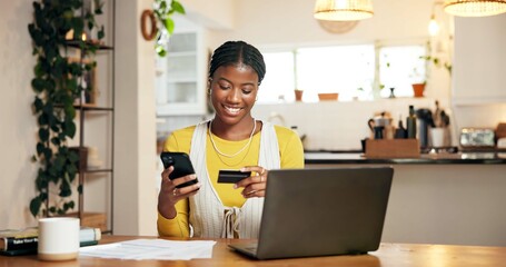 Smile, credit card and black woman with phone for budget, bill payment and investment. Mobile,...