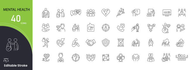 Mental health icons set. Includes icons for brain, therapy, stress, relaxation, wellness, psychology, emotion, meditation, support, and self-care. Perfect for illustrating psychological and awareness.