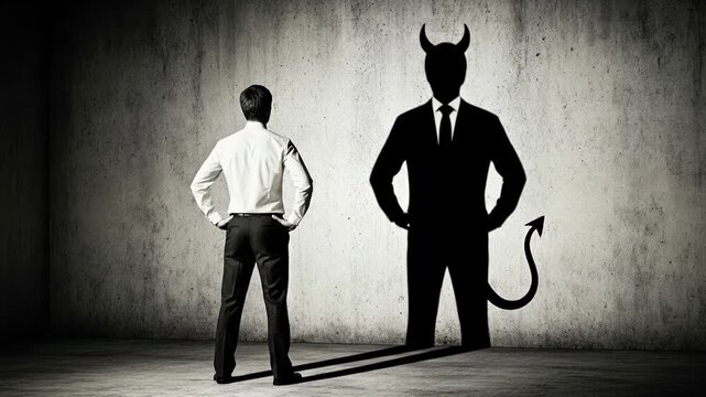 Confronting Inner Demons Man Facing Devil Shadow in a Suit