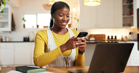 Woman, phone and student with texting in home, smile and funny meme on study break with online course. African person, smartphone and scroll on mobile app, education and social media at apartment