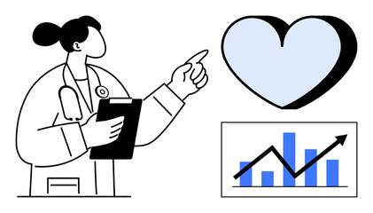 Doctor with stethoscope and clipboard pointing at heart and growth chart. Ideal for health care, medical research, wellness, data analysis, cardiology, patient care, simple flat metaphor