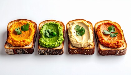Multigrain bread slices with turmeric hummus, chickpeas, chives and sesame seeds on rustic surface