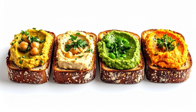 Multigrain bread slices with turmeric hummus, chickpeas, chives and sesame seeds on rustic surface