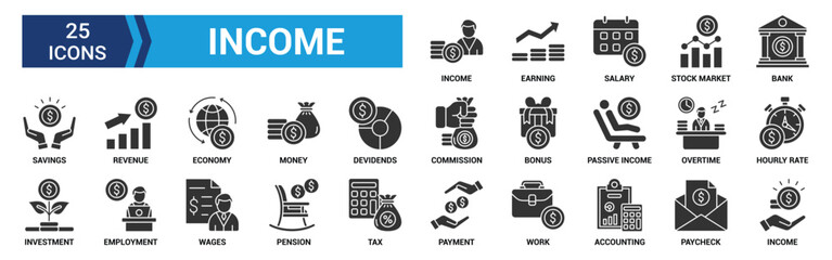 Income icon set. Containing money, tax, earnings, payment, accounting, paycheck, work, pension and wages icons. Glyph icon collection. Vector illustration.