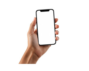 Hand holding a smartphone with a blank screen isolated on transparent background