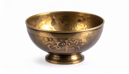 Golden metallic bowl with etched rim patterns on white background showcasing ceremonial elegance and meditative design