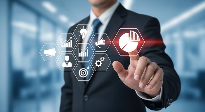 Businessman touching a futuristic interface with icons representing business strategy, data analysis, and marketing