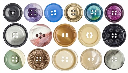 Colorful 4x4 grid of glossy round buttons with metallic rims showcasing fashion design and color symmetry