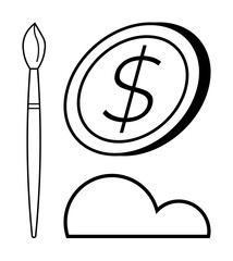 Obraz premium Paintbrush, dollar coin, and cloud reflecting creativity, financial success, and digital transformation. Ideal for themes thumbs up art, economy, technology, innovation creative business success