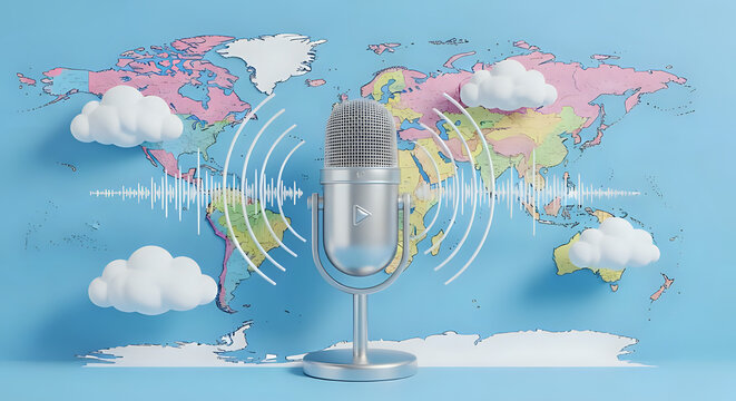 Global podcast concept with microphone and world map for worldwide communication, international news, or travel podcasting adventures