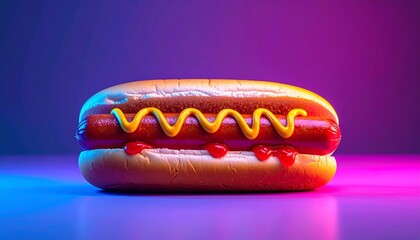 Stylized hot dog with mustard on vibrant pink-blue gradient background and glowing light strip for editorial food photography retro pop art decor and poetic indulgence-themed visuals