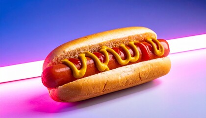 Stylized hot dog with mustard on vibrant pink-blue gradient background and glowing light strip for editorial food photography retro pop art decor and poetic indulgence-themed visuals