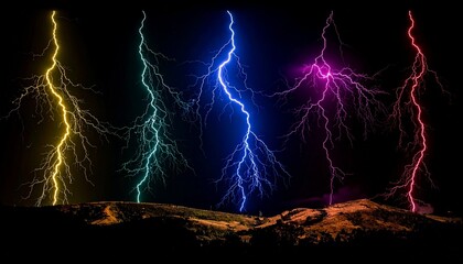 Multicolored lightning bolts arcing across dark background for editorial energy photography surreal digital art decor and poetic intensity-themed visuals