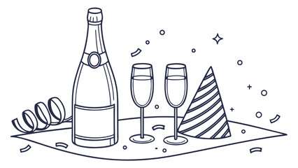 A black and white line art illustration depicting a champagne bottle, two flutes, a party hat, and scattered confetti, symbolizing celebration and festive occasions.