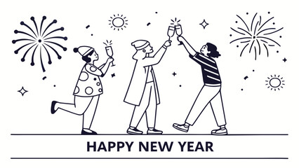 Three people celebrating New Year with champagne glasses and fireworks, line art illustration.