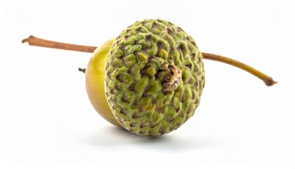 Single acorn with smooth nut and textured cap on neutral background for editorial botanical photography nature symbolism decor and poetic beginnings-themed visuals