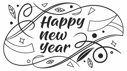 Obraz premium A black and white illustration featuring the text 'Happy new year' surrounded by elegant swirls, leaves, dots, and geometric shapes, creating a festive and decorative design.