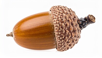 Single acorn with smooth nut and textured cap on neutral background for editorial botanical photography nature symbolism decor and poetic beginnings-themed visuals