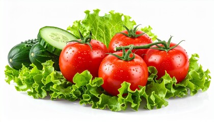 Fresh vegetables including tomatoes, cucumbers, and lettuce arranged on clean surface showcasing healthy eating and vibrant nutrition