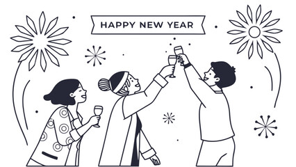 Three friends celebrating New Year's Eve with a toast and fireworks in a festive line art illustration.