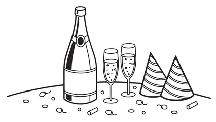 A black and white illustration of a champagne bottle, two flutes, party hats, and confetti, symbolizing a celebration.