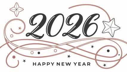 A festive graphic design for Happy New Year 2026 with elegant swirls, stars, and decorative elements on a light background.