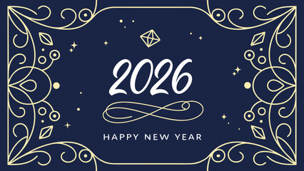 An elegant dark blue and gold Happy New Year 2026 greeting card with decorative flourishes, stars, and a diamond.