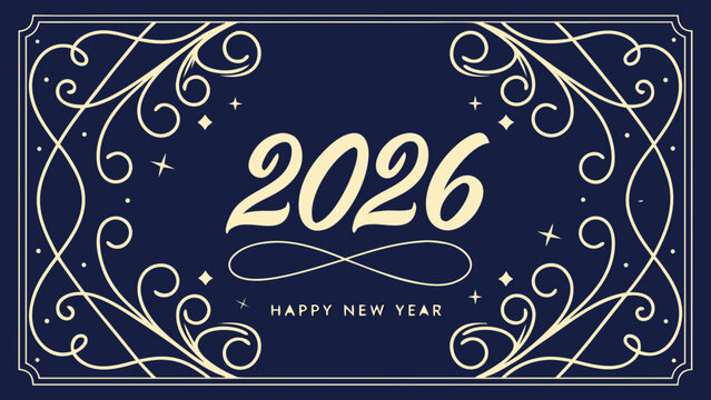 A dark blue elegant New Year 2026 greeting card with decorative swirls, stars, and "Happy New Year" text.
