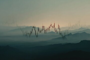 A sleek, minimal financial candlestick chart where the up and down movements are gently outlined against a backdrop of rolling, misty hills. Generative AI.