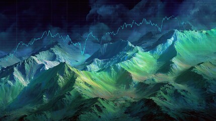 Abstract stock graph soaring and dipping like a hawk's flight path above a vast. Generative AI.