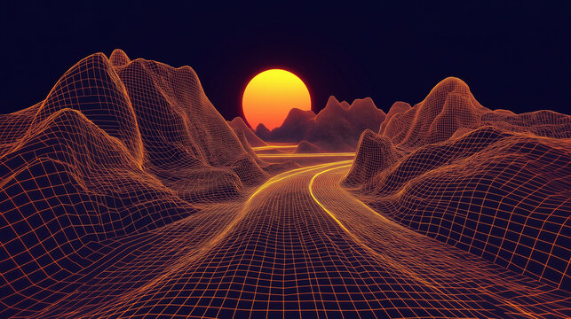 A retro digital landscape featuring orange wireframe mountains and a curved road leading toward a bright setting sun. The stylized design evokes an 80s video game or synthwave aesthetic.