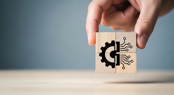 Hand holding wooden blocks with gear and circuit board icon symbolizing technology integration and innovation