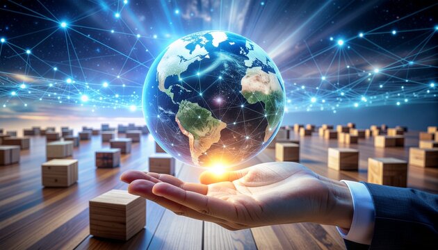 Global connection concept a hand holds a bright digital earth surrounded by glowing network lines and wooden cubes