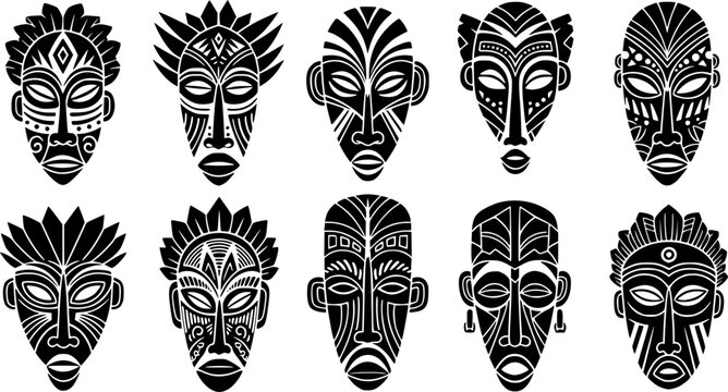 a variety of african masks, tribal masks, intricate designs, symmetrical patterns, dark silhouettes on white background, traditional art, vector 