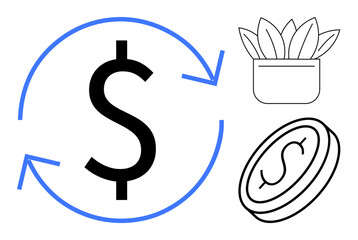 Fototapeta premium Dollar sign with blue curved arrows, coin, and potted plant symbolizing financial growth, sustainability, and eco-investment. Ideal for finance, investment, economy, savings eco-consciousness