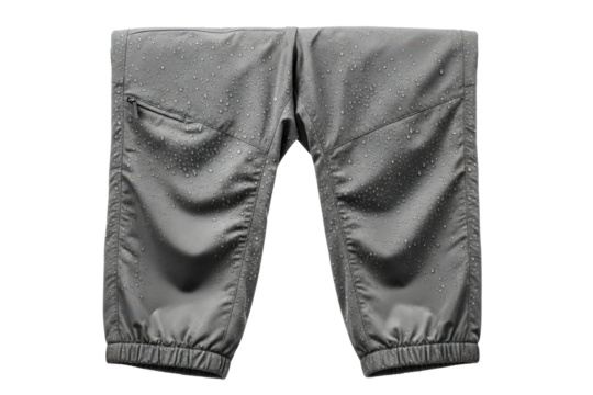 Gray waterproof outdoor pants covered in fresh water droplets isolated on transparent background
