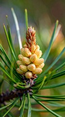 Close-up of a young pine cone, showcasing its delicate structure and emerging seeds, set against blurred foliage