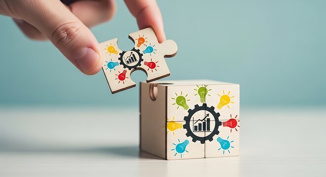 Hand placing a puzzle piece with business growth chart and lightbulb icons onto a cube with similar icons, symbolizing strategy and ideas