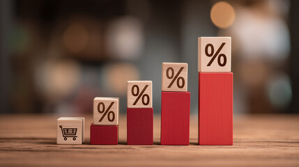 Business graph with percentage, shopping discount and tax adjustment concept, interest rate changes to fight inflation, investment return, and retail sales growth strategy